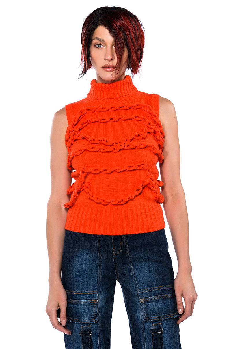 CHAIN LINK DETAIL SLEEVELESS TURTLENECK SWEATER