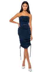 CHARLIE DENIM CARGO STRAPLESS MIDI DRESS