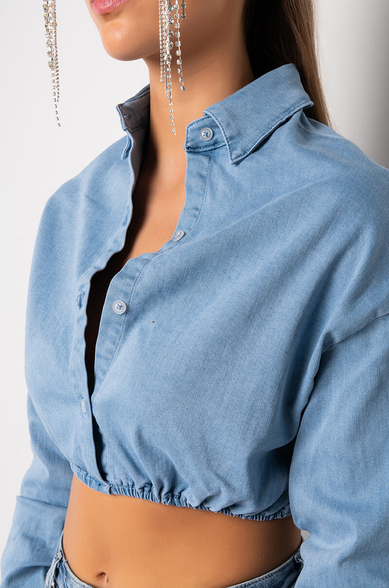 NORA CHAMBRAY BUTTON DOWN CROP TOP