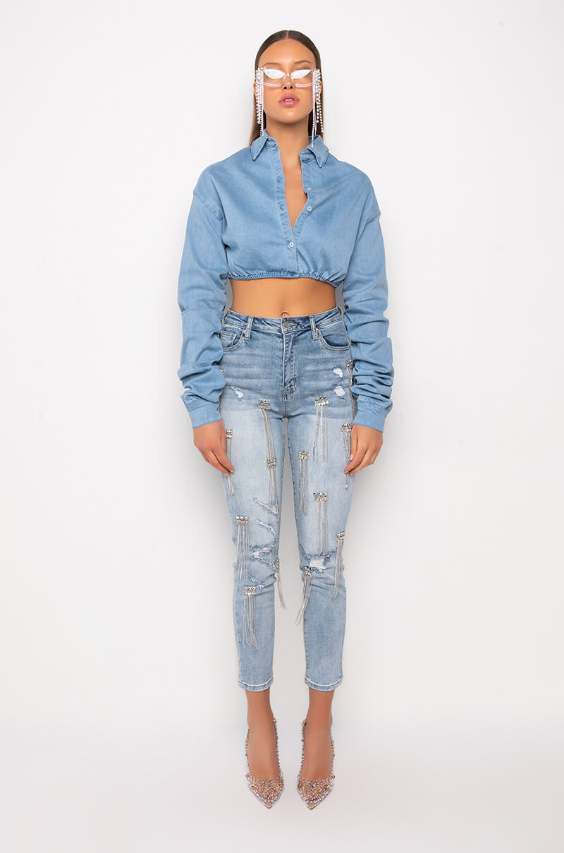 NORA CHAMBRAY BUTTON DOWN CROP TOP