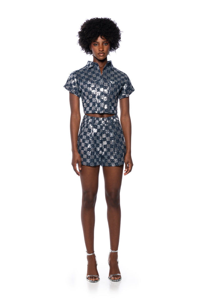 CHECK MAKE SEQUIN SHORT