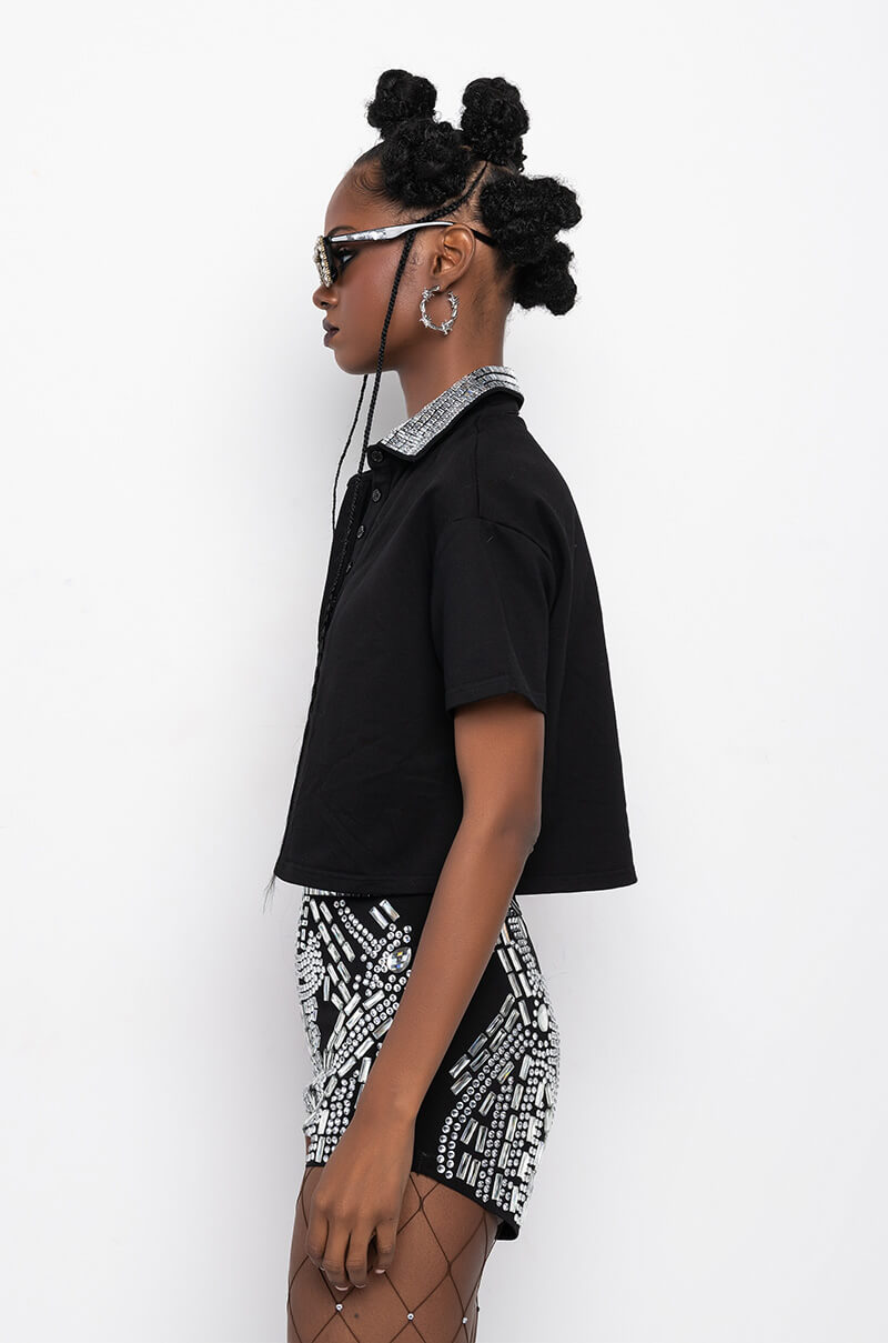 CHECK MATE RHINESTONE COLLAR POLO TSHIRT