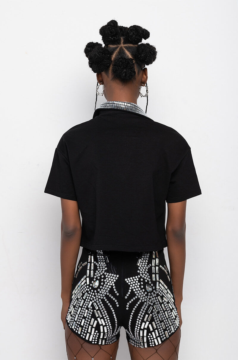 CHECK MATE RHINESTONE COLLAR POLO TSHIRT