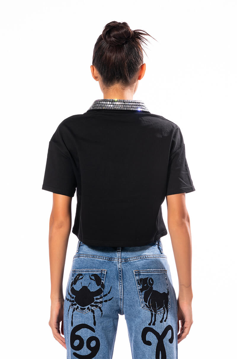 CHECK MATE RHINESTONE COLLAR POLO TSHIRT