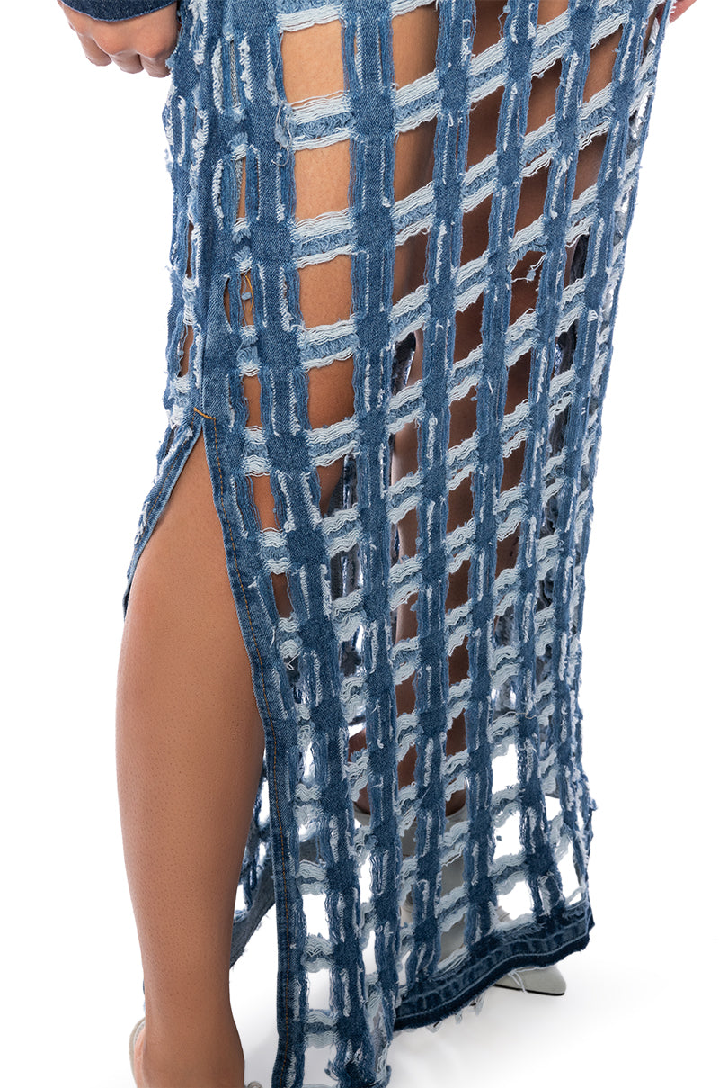 CHECK ON ME CUT OUT DENIM MIDI SKIRT