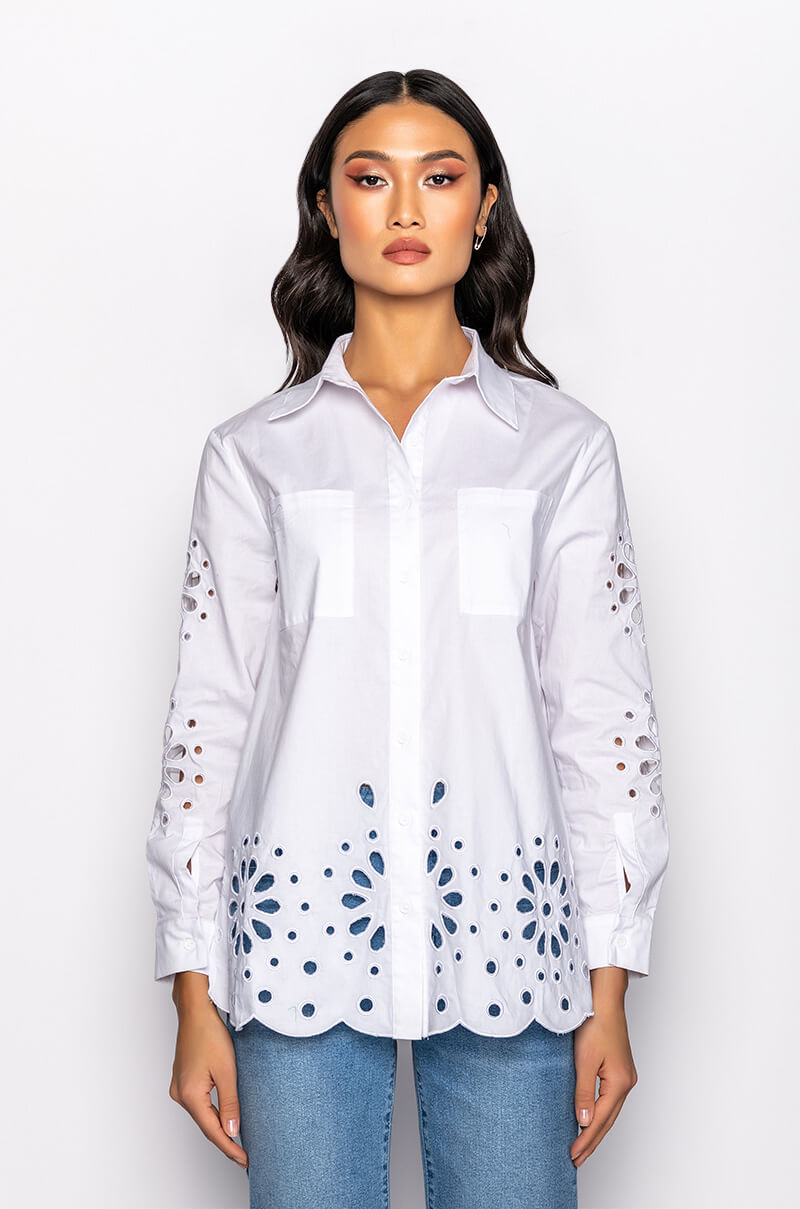 CHECK PLEASE EYELET POPLIN BLOUSE