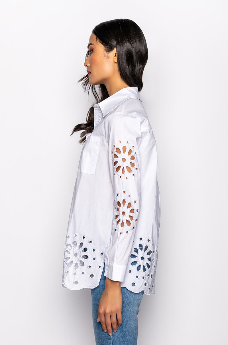 CHECK PLEASE EYELET POPLIN BLOUSE