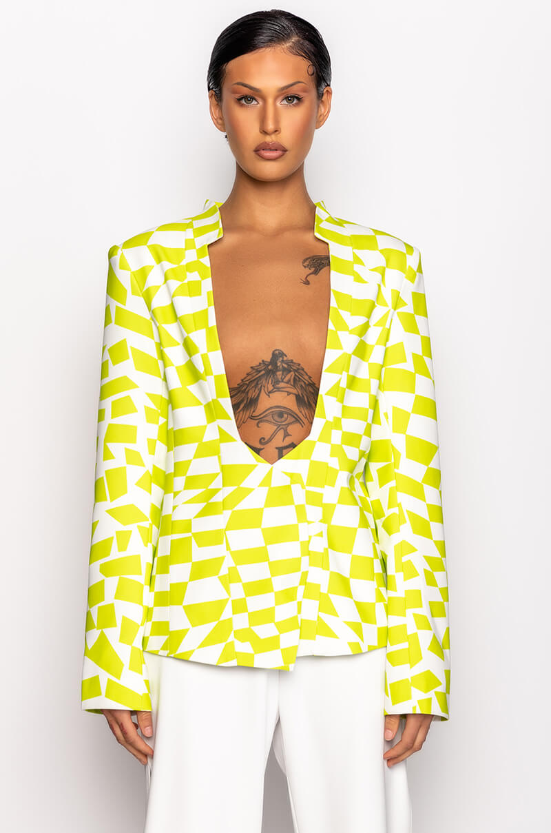 CHECKERED LIME OPEN CHEST BLAZER