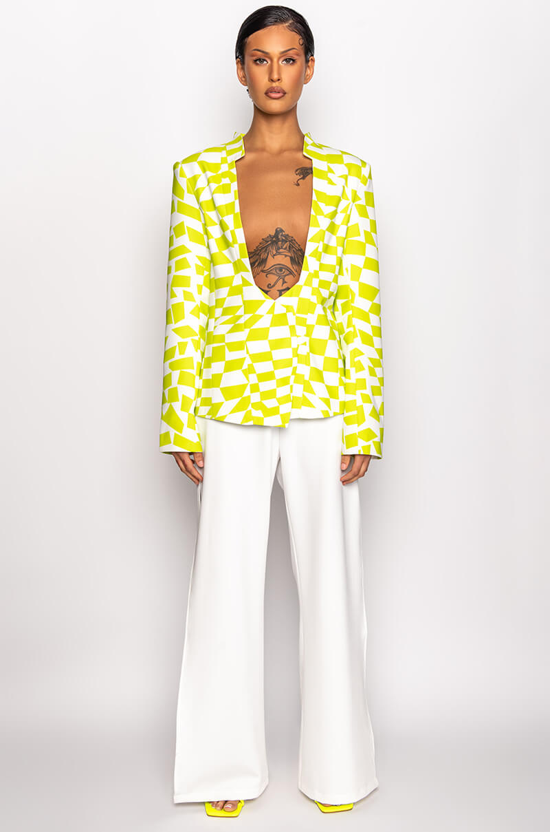 CHECKERED LIME OPEN CHEST BLAZER