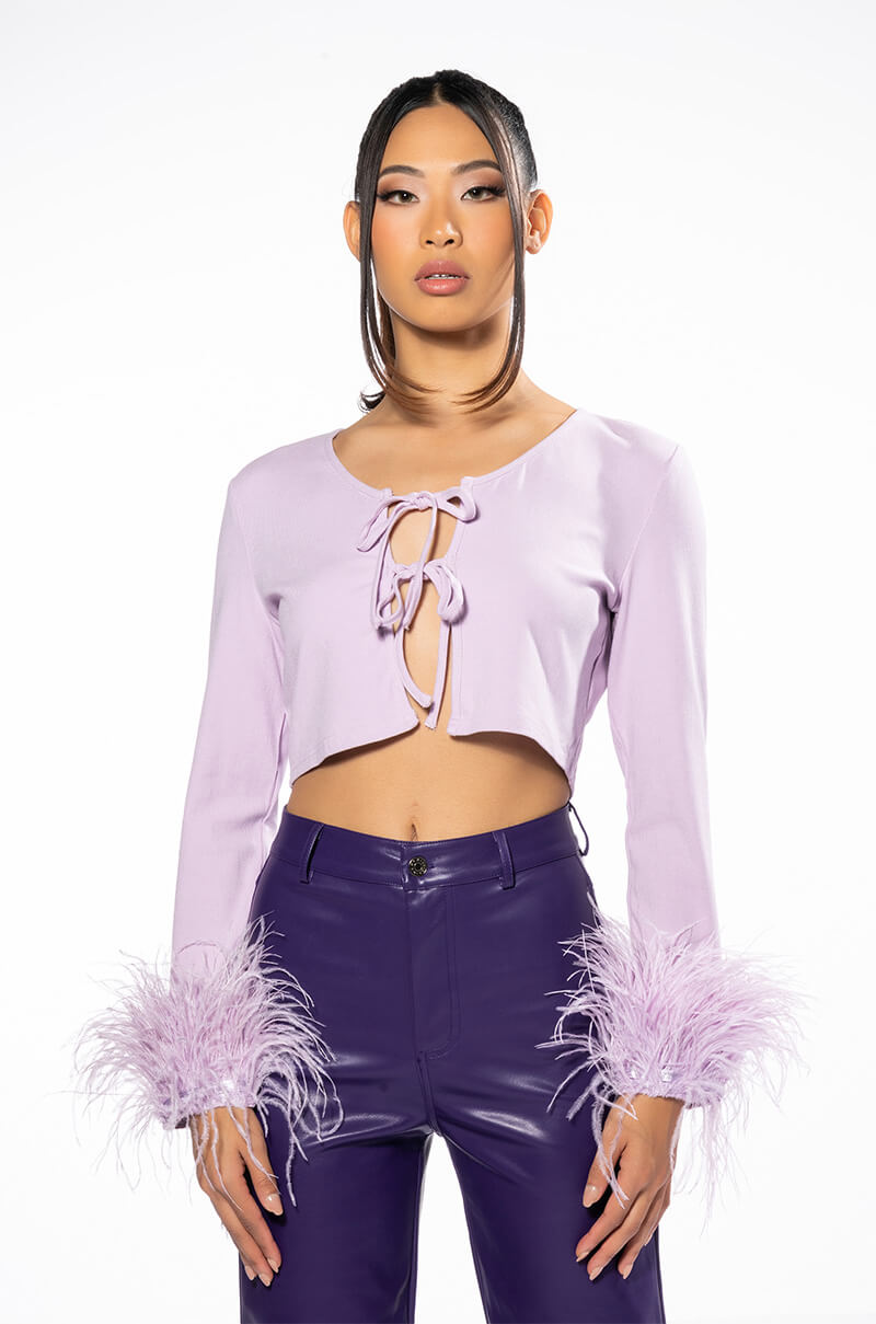 CHER TIE FRONT FEATHER CUFF LONG SLEEVE TOP