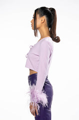 CHER TIE FRONT FEATHER CUFF LONG SLEEVE TOP