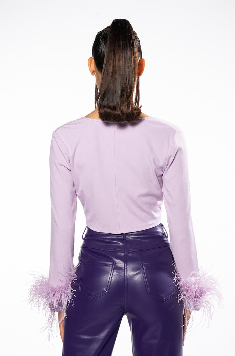 CHER TIE FRONT FEATHER CUFF LONG SLEEVE TOP