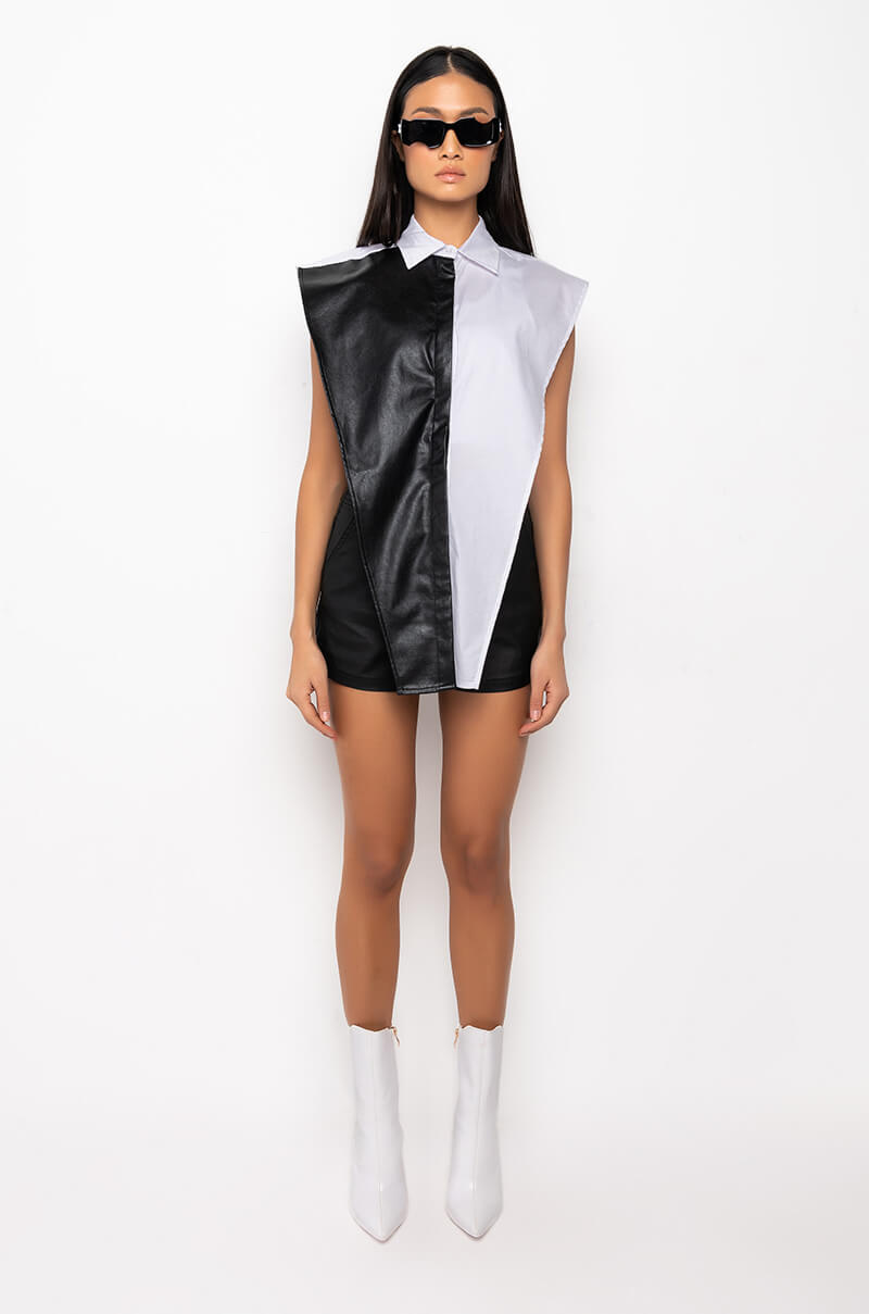 IVANA FAUX LEATHER PANEL BUTTON DOWN SLEEVELESS BLOUSE