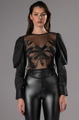 CHOSEN ONE PUFF SLEEVE MESH APPLIQUE TOP