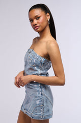 CHROME HEARTS METALLIC DENIM MINI DRESS