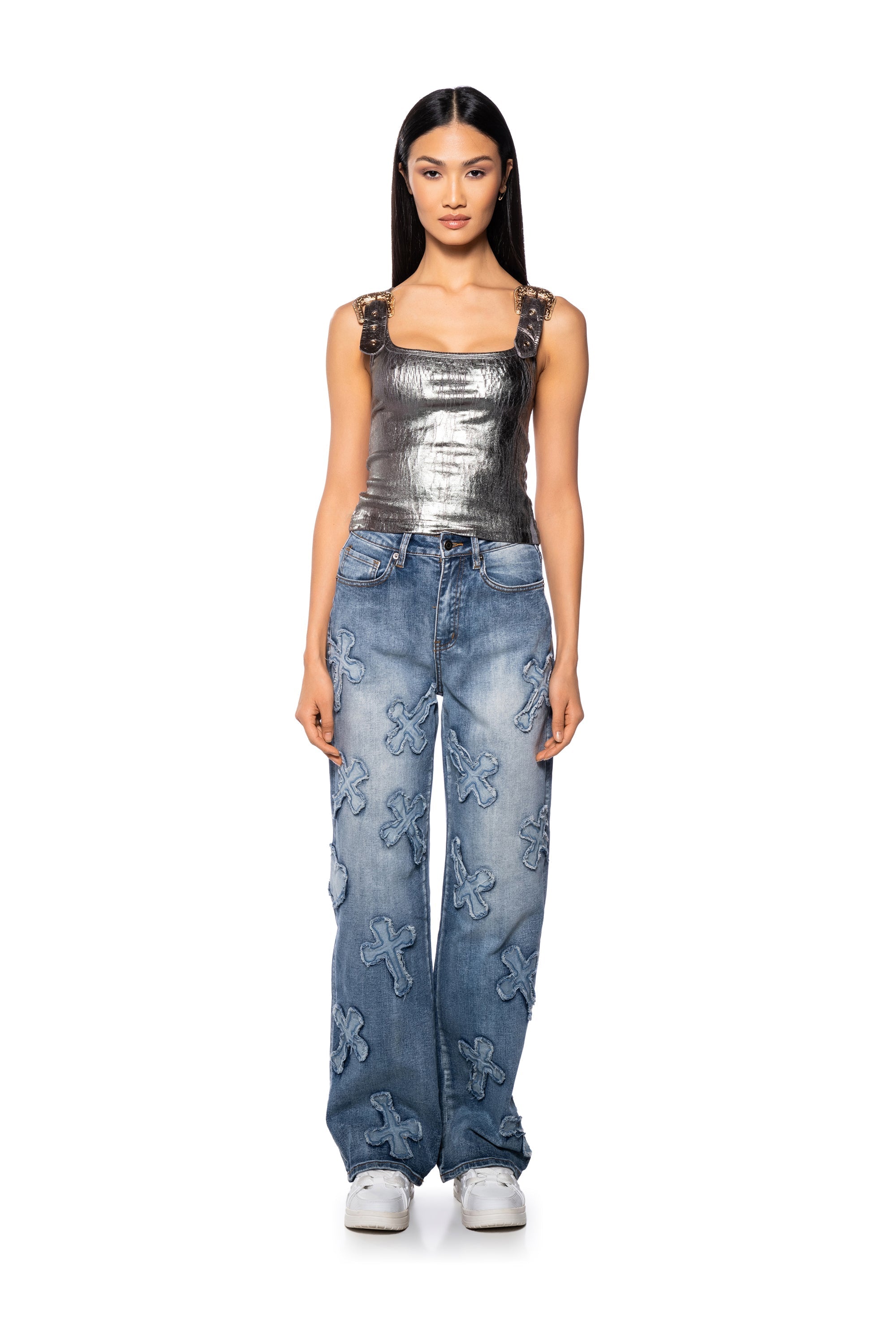 CLEO BUCKLE DETAIL METALLIC COATED TANK