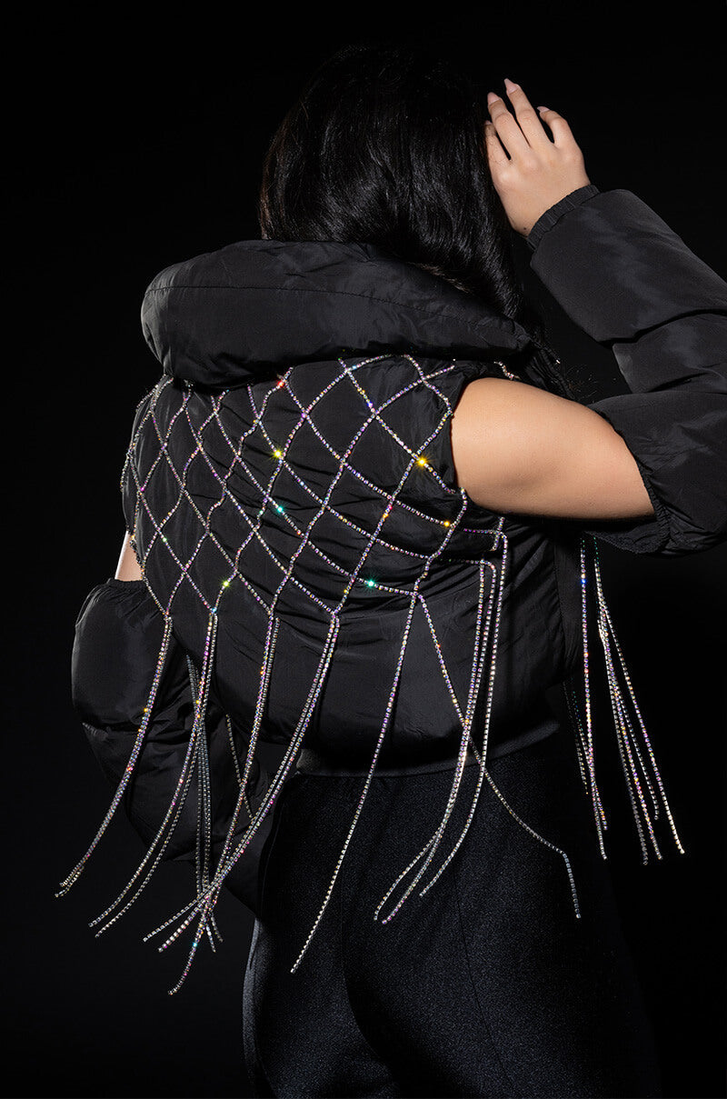 COLD SHOULDER PUFFER WITH RHINESTONES