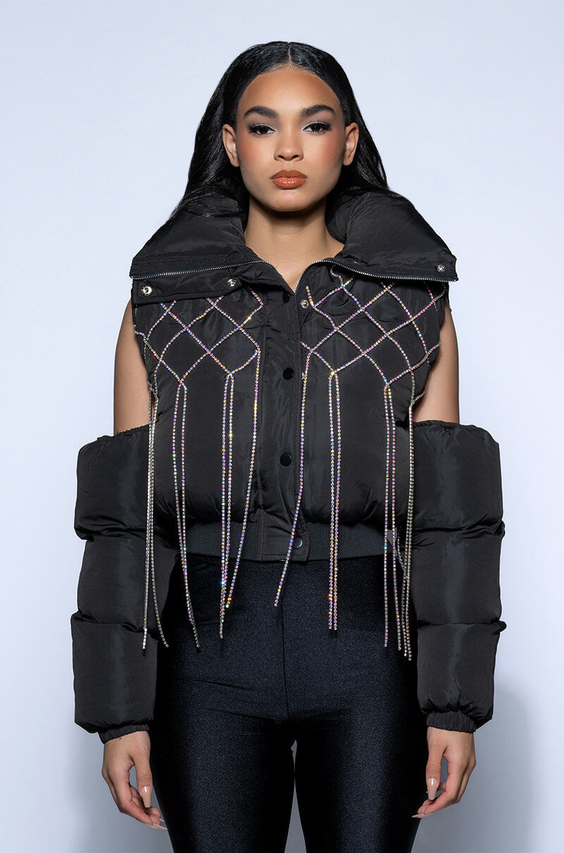 COLD SHOULDER PUFFER WITH RHINESTONES