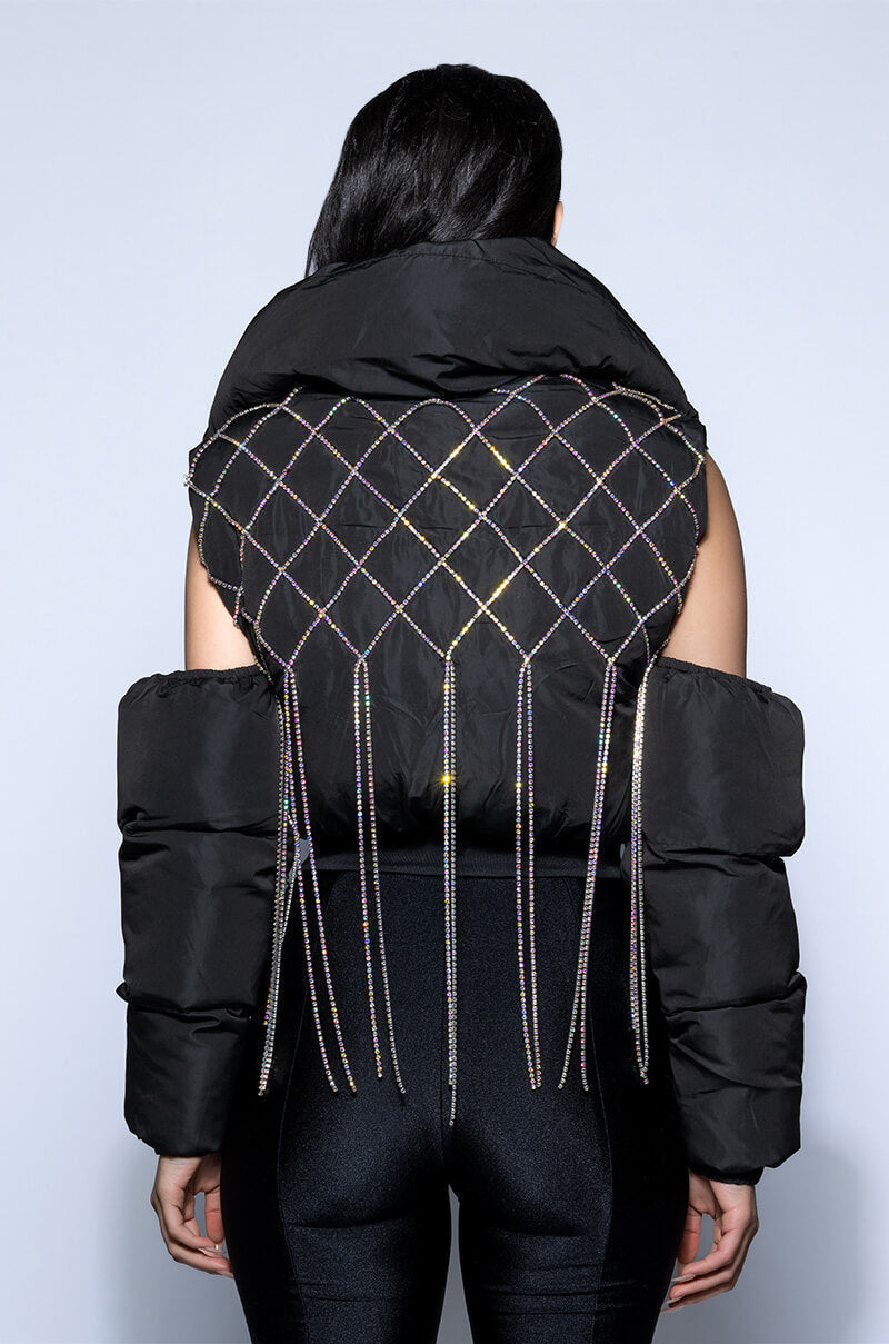 COLD SHOULDER PUFFER WITH RHINESTONES