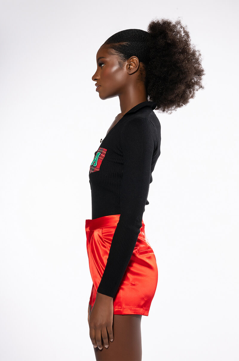 COLLEGIATE STUDY HALL LONG SLEEVE BUTTON DOWN BODYSUIT