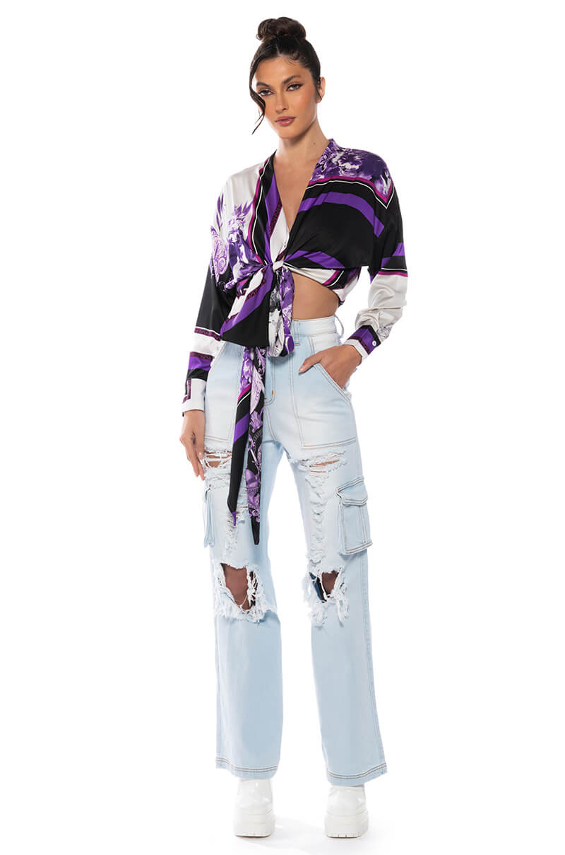 COLORFUL TIE FRONT SATIN BLOUSE