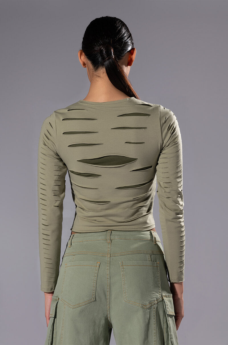 COME AROUND DISTRESSED LONG SLEEVE TOP