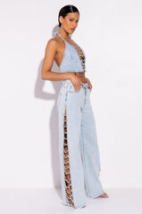 COVERED IN DIAMONDS DENIM PLUNGE CROP TOP