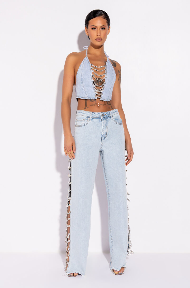 COVERED IN DIAMONDS DENIM PLUNGE CROP TOP