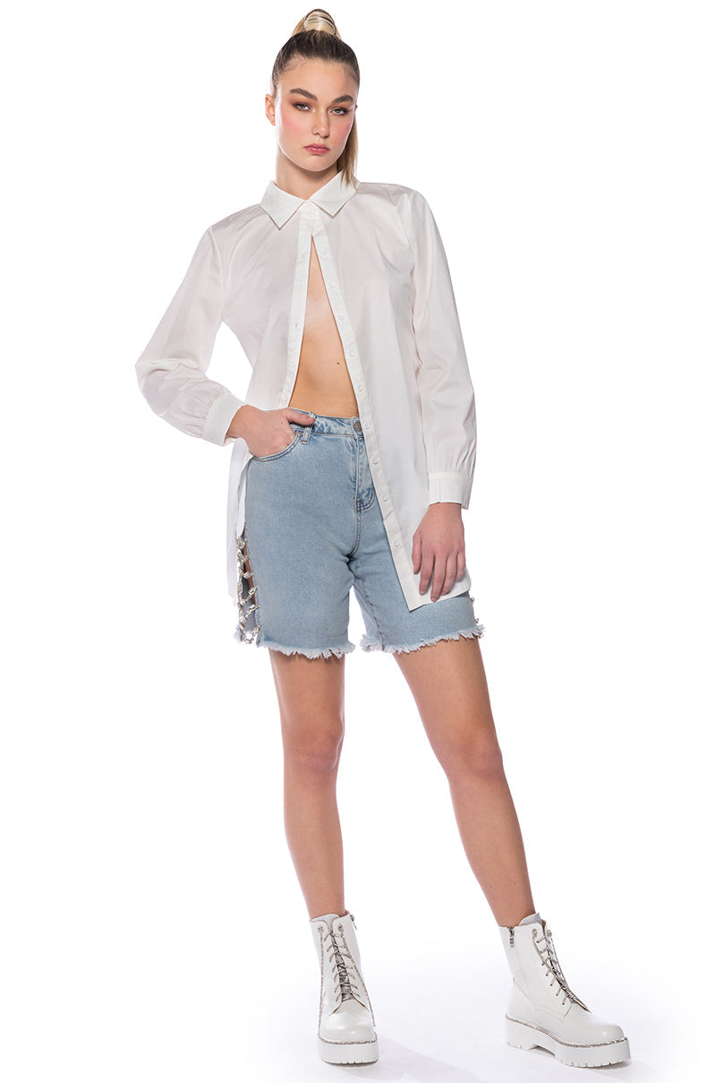 COVERED IN DIAMONDS RELAXED DENIM SHORTS