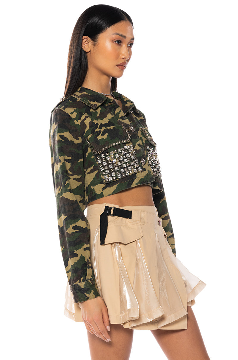 CROP CAMO BOMBER JACKET WITH STUDS