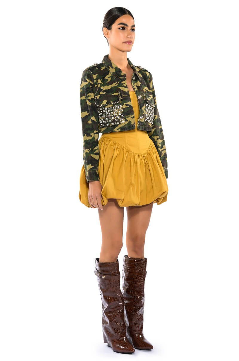 CROP CAMO BOMBER JACKET WITH STUDS