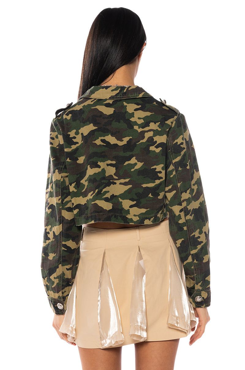 CROP CAMO BOMBER JACKET WITH STUDS