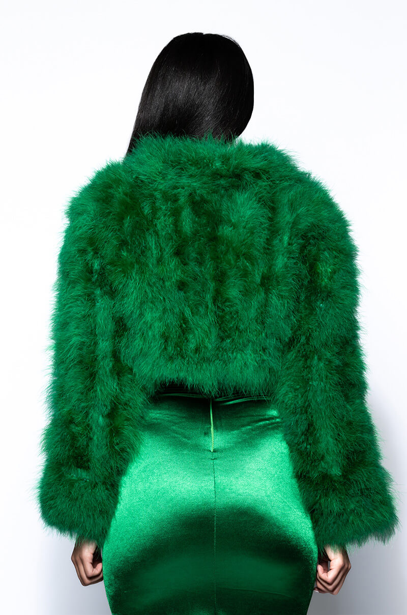 CROPPED FEATHER JACKET IN GREEN