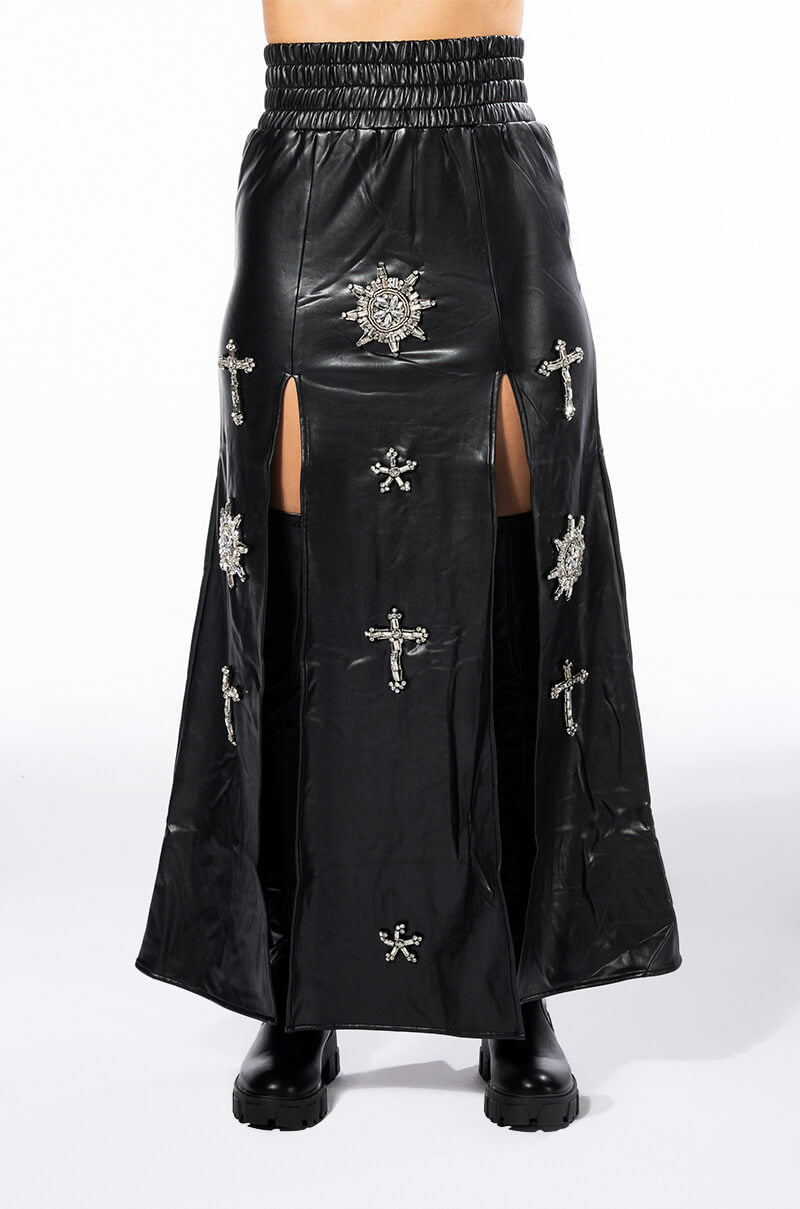 CROSSING MY PATH MAXI FAUX LEATHER SKIRT