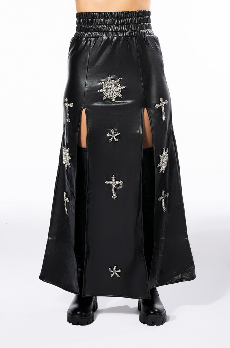 CROSSING MY PATH MAXI FAUX LEATHER SKIRT