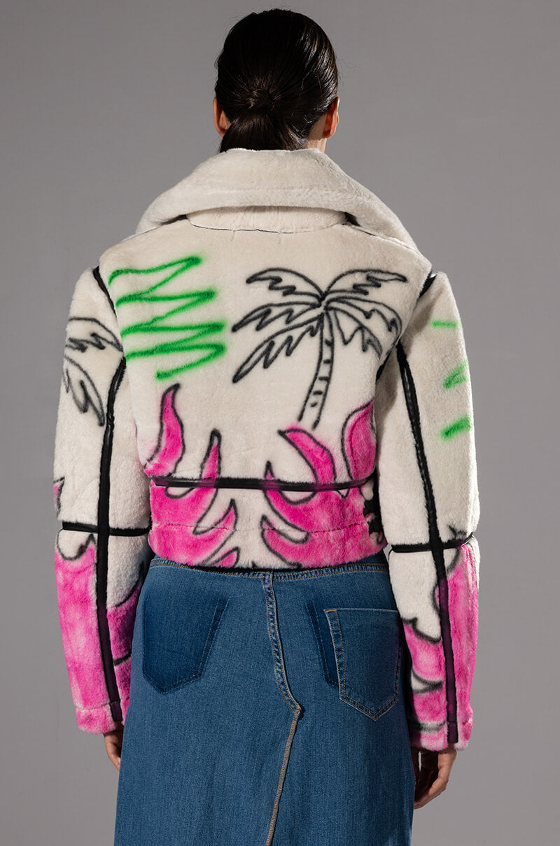 CRUSHING IT GRAFITI CROPPED SHERPA JACKET