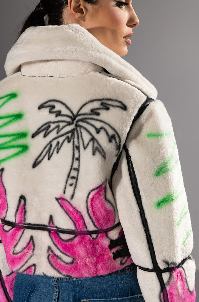 CRUSHING IT GRAFITI CROPPED SHERPA JACKET