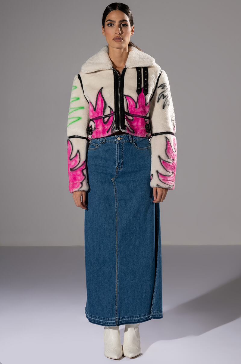 CRUSHING IT GRAFITI CROPPED SHERPA JACKET