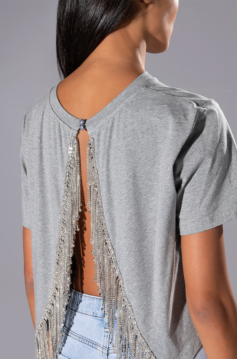 CURTAIN CALL OPEN BACK RHINESTONE CREW NECK TSHIRT