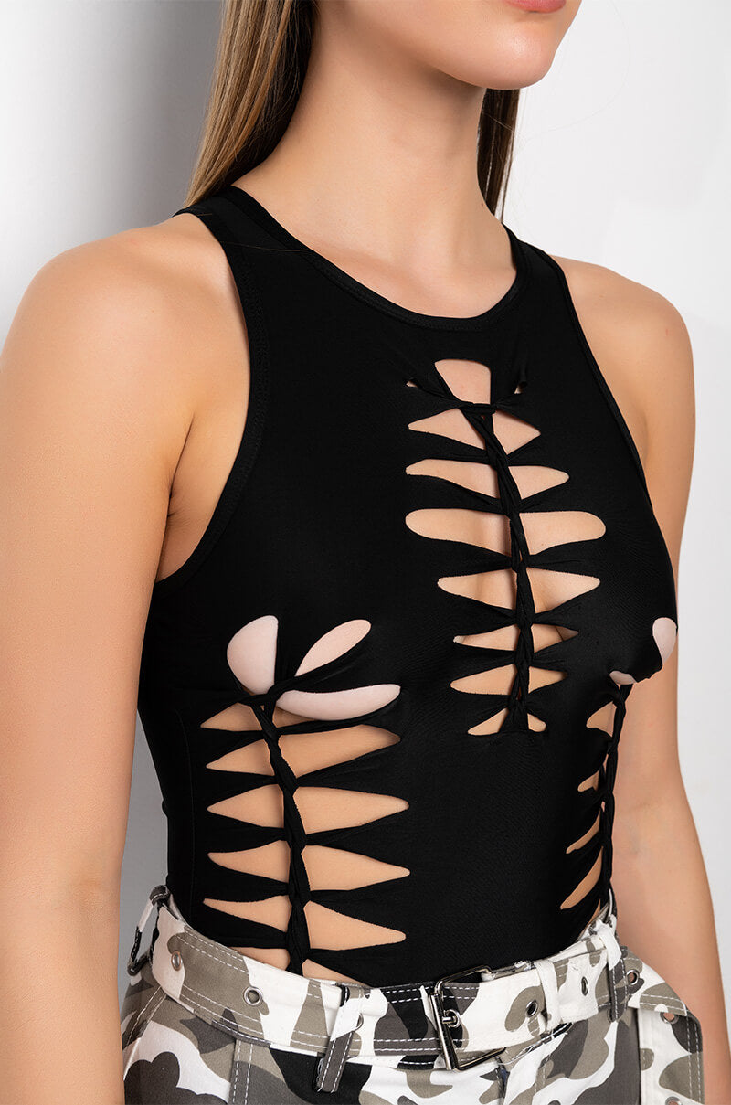 CUT OUT SLEEVELESS BODYSUIT