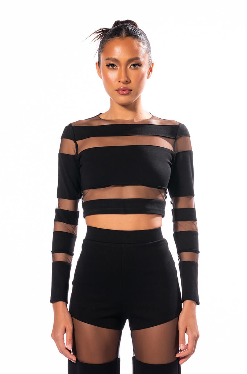 CUT TO THE CHASE MESH PANEL LONG SLEEVE CREW NECK TOP