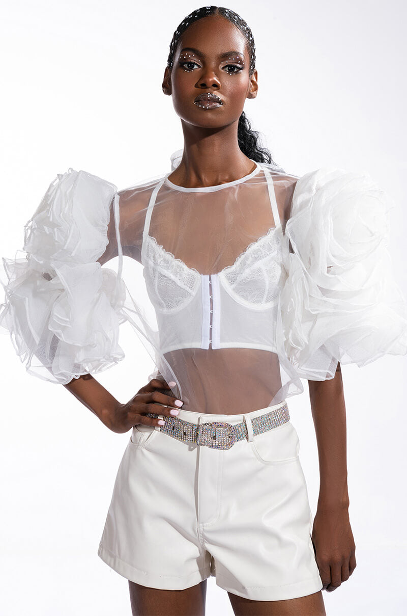 DAYDREAMIN SHEER RUFFLE SLEEVE TIERED DRESS