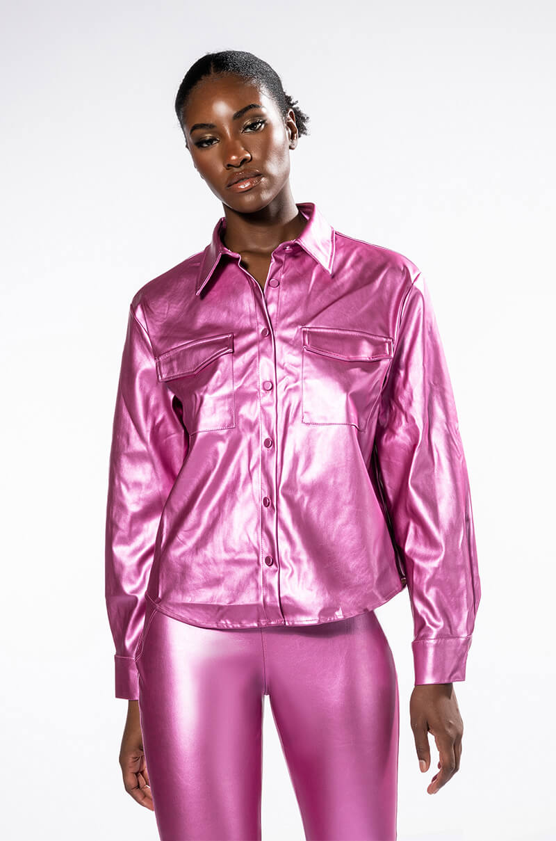 DAYTIME DISCO METALLIC FAUX LEATHER BUTTON DOWN