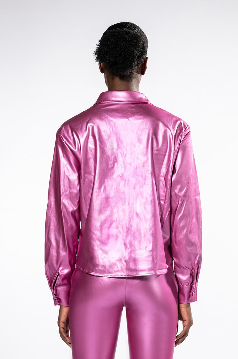 DAYTIME DISCO METALLIC FAUX LEATHER BUTTON DOWN