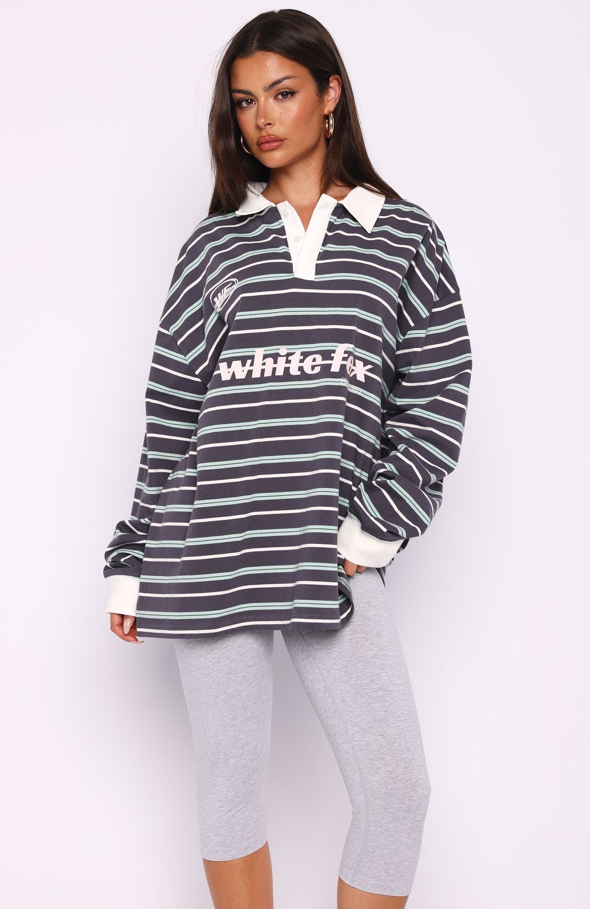 Gentle Affection Long Sleeve Rugby Shirt Grey/Mint Stripe