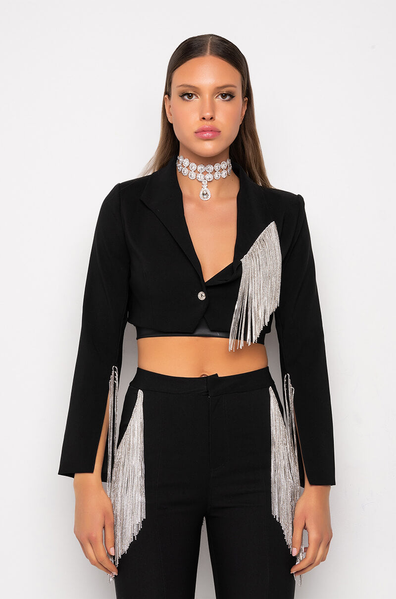 DECKED OUT RHINESTONE FRINGE CROP BLAZER