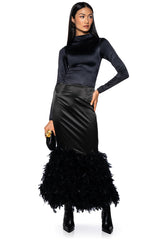 DELLA FEATHER HEM MAXI SKIRT IN BLACK