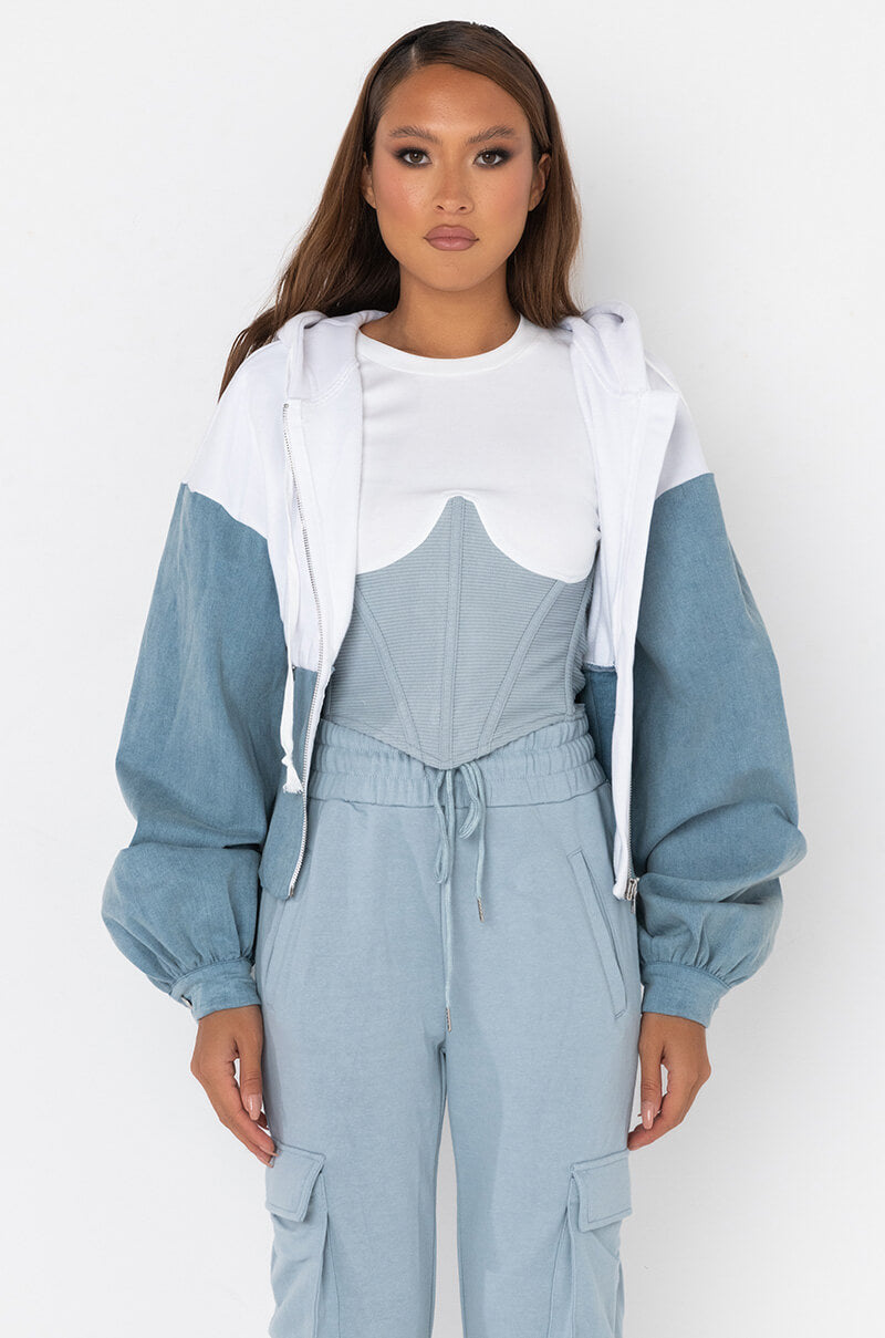 DENIM O'CLOCK CORSETED SWEATSHIRT