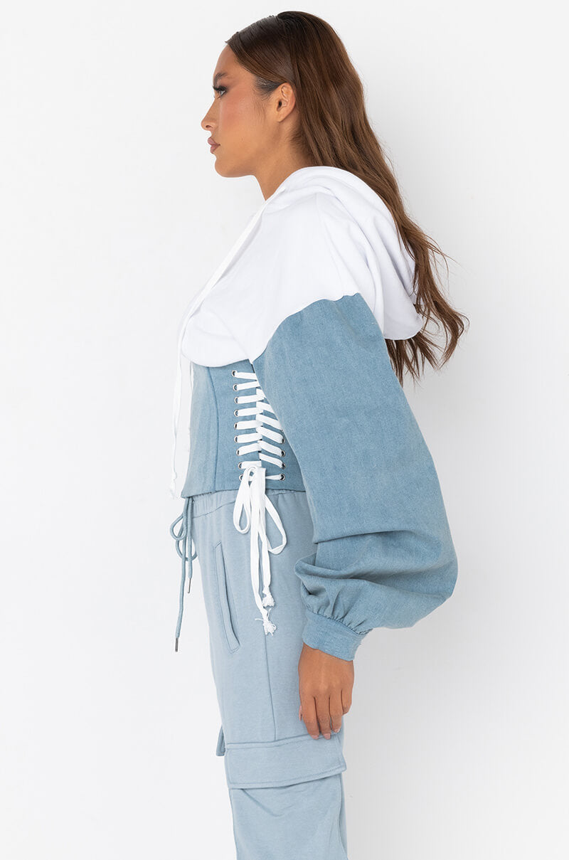 DENIM O'CLOCK CORSETED SWEATSHIRT