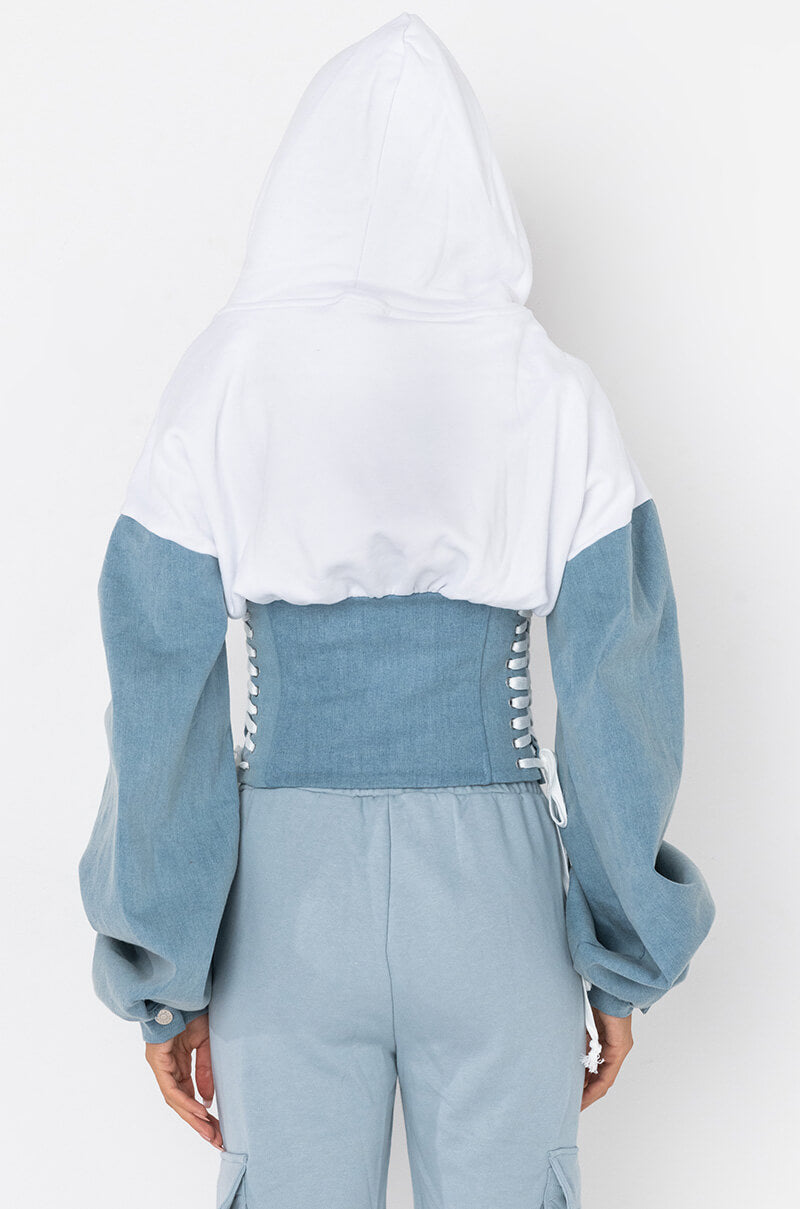 DENIM O'CLOCK CORSETED SWEATSHIRT